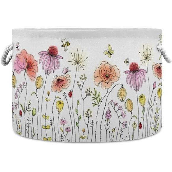 Cotton Rope Basket Colorful Wildflowers Baby Laundry Basket Blanket Kids